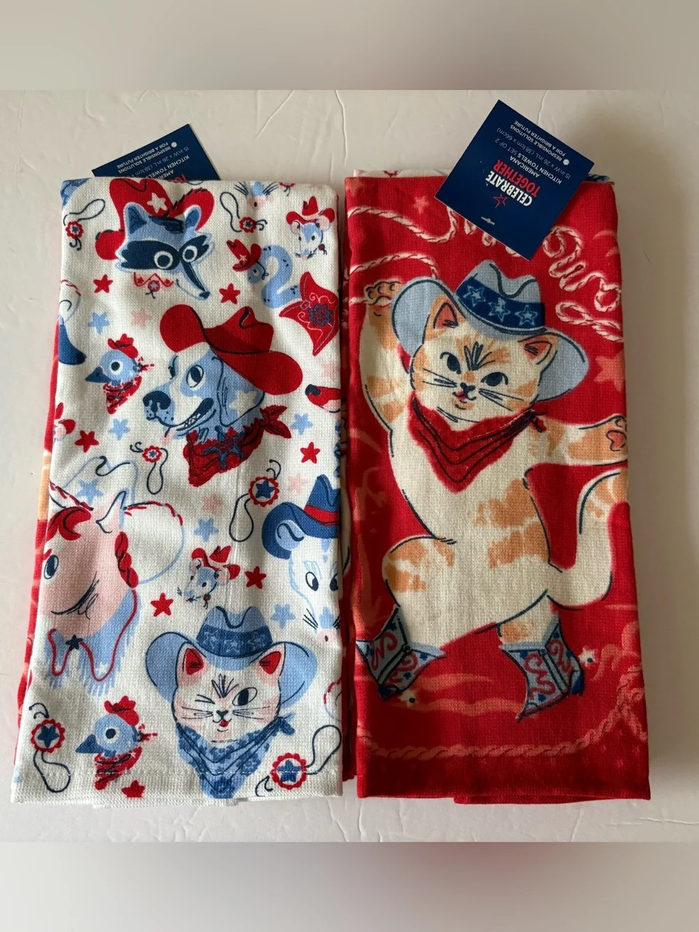Kitchen Towels Cats Americana Western Attire Cowboy Hats Animals New Two Sets